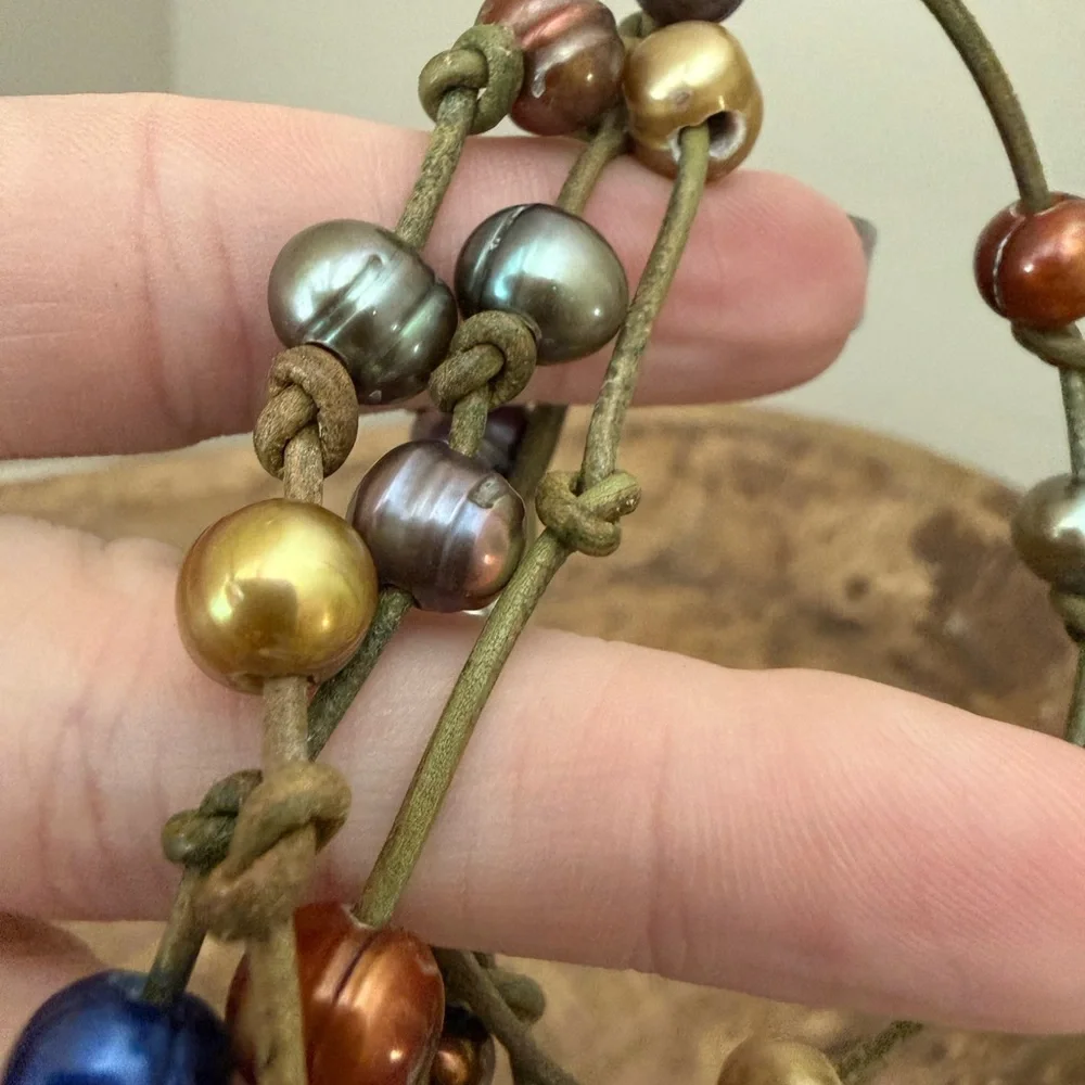 Multi-color, Multi-strand Pearl Necklace on Knotted Bracelet